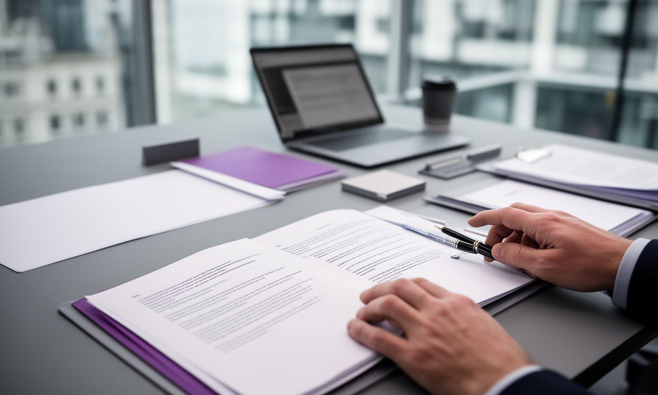 Lawyer reviewing a contract file in a modern London office with daylight across the desk
